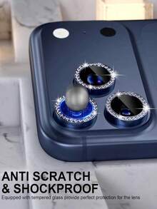 Blue Alloy 3pcs Diamond Camera Lens Protector Fit For IPhone 17 Pro/17 Pro Max Camera Lens Protector Shiny Design Fit For 17/16 Pro Max/15 Pro Max/14 Pro Max/13 Pro Max/12 Pro Max/12 Pro/11 Pro Max 9H Tempered Glass Camera Lens Cover With Metal Decorative Ring Accessory Diamond Blue Spring Gift Birthday Party - Navy Blue - View 4