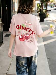 1pc Cherry Print Short Sleeve T-Shirt For Tween Girls, Student & Young Casual Summer Top - Pink - View 4