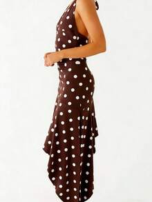 QIANZHIDU SUNSTORY 女士夏季波点复古休闲优雅露背吊带迷你连衣裙，女士泡泡裙，无袖露背A字连衣裙，适合夏季休闲度假、婚礼宾客、优雅派对、晚宴、下午茶、约会、毕业典礼等场合，女士夏季迷你裙 - 棕色 - 查看 2