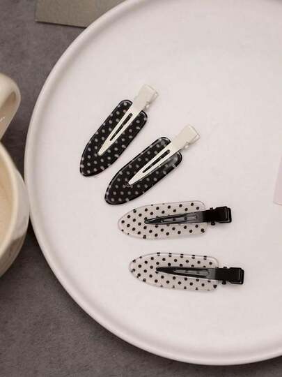 4pcs/Set Acetate Fiber Seamless Hair Clips, Black & White Polka Dot, Acrylic Hair Clips, Cute Bangs & Hair Accessories