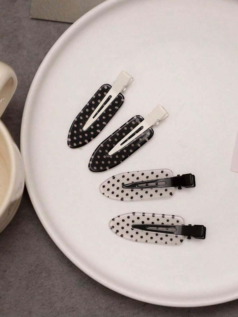4pcs/Set Acetate Fiber Seamless Hair Clips, Black & White Polka Dot, Acrylic Hair Clips, Cute Bangs & Hair Accessories