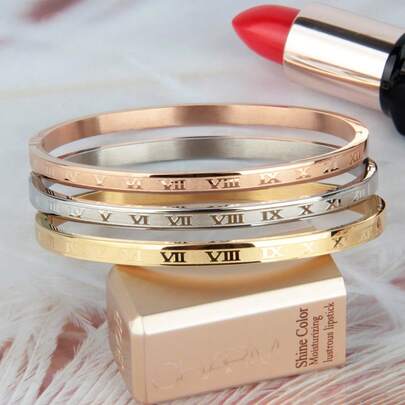 4mm Minimalist Plated Gold Bangle Bracelet For Women, Matte & Shiny Dual Finish Stainless Steel Roman Bracelet, Great Gift For Mom, Lover, Best Friend, Versatile Daily Wear