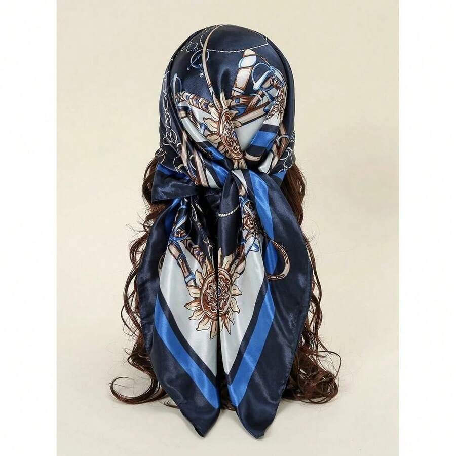 1pc Fashion Ladies' Printed 90s Square Scarf With Chain, Suitable For Daily Wear, Satin Headscarf Bandana Bandana,Hair Band,Head Band Ideal For Dressing Up Your Look - 彩色 - 查看 1