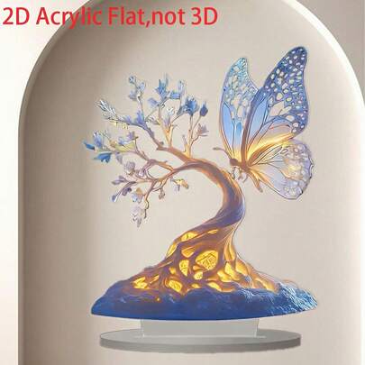 1 pieza Decoración de escritorio de estilo bohemio con mariposa y árbol impresos en acrílico 2D, soporte de exhibición multiusos