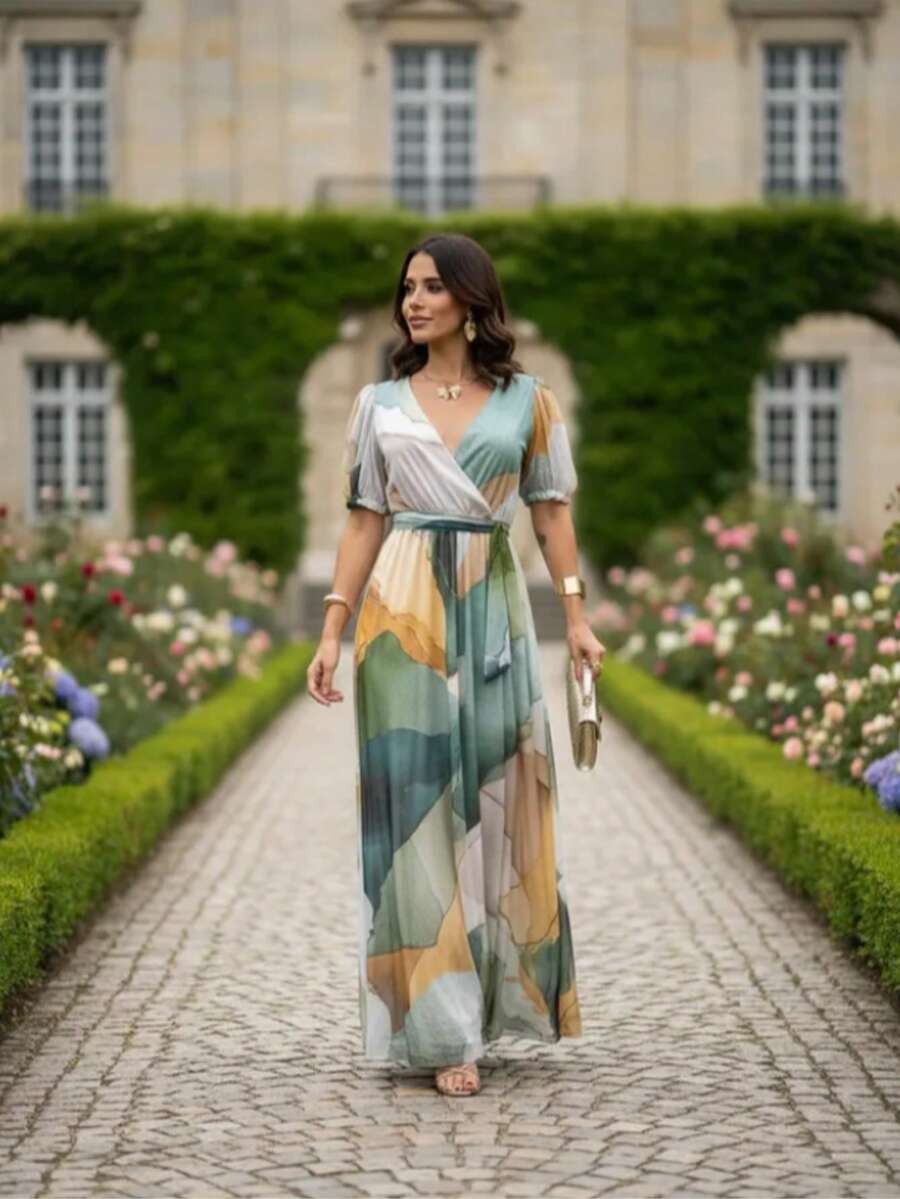 Women's Wrap Jumpsuit With Neckline And Adjustable Belt - Xanh lam/Trắng - Xem 1