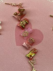 Bộ 10 miếng dán móng tay thủ công màu hồng, thích hợp cho ngày Valentine, làm từ chất liệu acrylic, họa tiết chuyển màu được vẽ tay, trang trí pha lê phong cách Y2K, bộ dụng cụ làm móng nghệ thuật có thể tái sử dụng, bao gồm gel móng, sơn móng, miếng dán móng và các vật dụng cần thiết khác cho thợ làm móng. - Màu Cam san hô - Xem 5