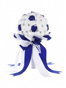 1束人造花束，配缎带，布艺玫瑰新娘伴娘花束，婚礼派对花卉布置 - 藍白色 - 查看 4