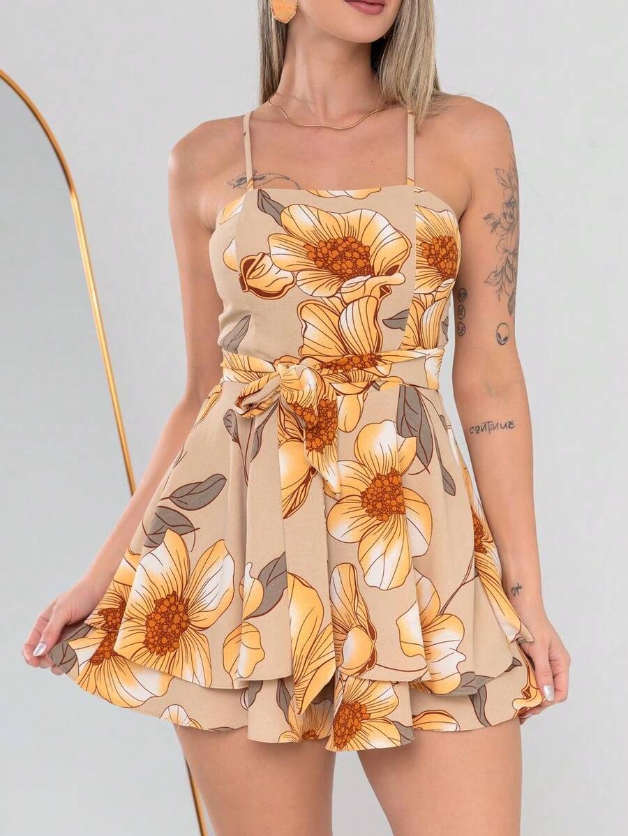 Basic Printed Romper With Padded Cups Duna Premium Sizes P, M, G, And GG - Beige Floral - View 1