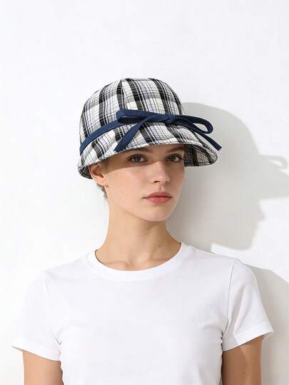 1顶女士千鸟格休闲涤纶蝴蝶结装饰棒球帽，春夏款