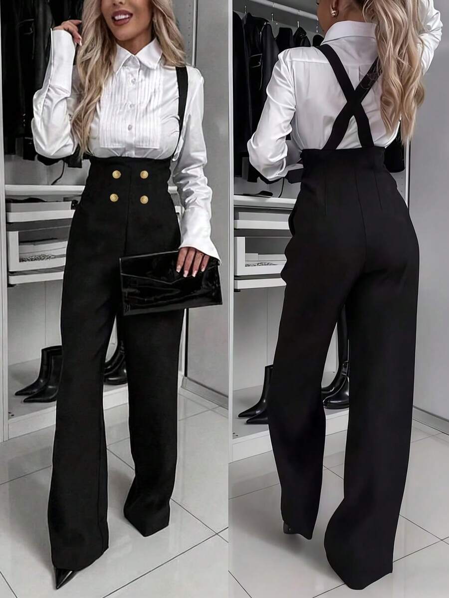 Women's New Metal Button Decor Solid Color Double-Breasted Jumpsuit, Office & Casual Wear, Spring/Summer Black Elegant - Black - View 1