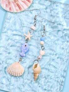 1 Pair Fashionable & Cute Asymmetric Beaded Earrings With Ocean Elements Like Fish, Seashell, Starfish, Suitable For Daily Wear, Holidays, Beach Vacation - Multicolor - View 6