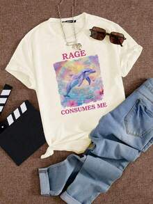Plus Size Funny T Shirts, Rage Consumes Me Dolphin Meme Summer T-Shirt For Women, Holiday Top, Fashion Graphic Tee, Beach Vacation Outfit, Humorous Dolphin Shirt,   For Women - 杏色 - 查看 4