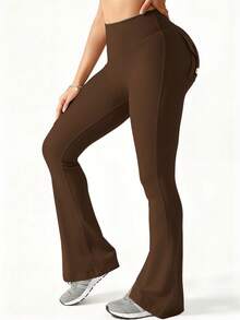 6pecil 女士户外喇叭裤，带口袋；女士紧身运动打底裤，提臀瑜伽裤；巧克力棕色春季款 - 巧克力棕 - 查看 5