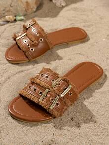 Dép xăng đan nữ mùa hè mới màu nâu với khóa kim loại và đinh tán, kiểu dáng đa năng, có tua rua, thích hợp cho các hoạt động ngoài trời, đi biển, phong cách retro boho được các influencer ưa chuộng, dễ dàng phối cùng váy, kiểu sandal đế bằng tối giản kiểu Pháp. - màu nâu - Xem 10