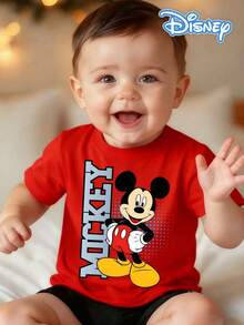 Disney Red Background Mickey Mouse Vertical Letter Polka Dot Background Print Baby Short Sleeve T-Shirt - Dynamic And Playful Casual Top - 紅色 - 查看 1