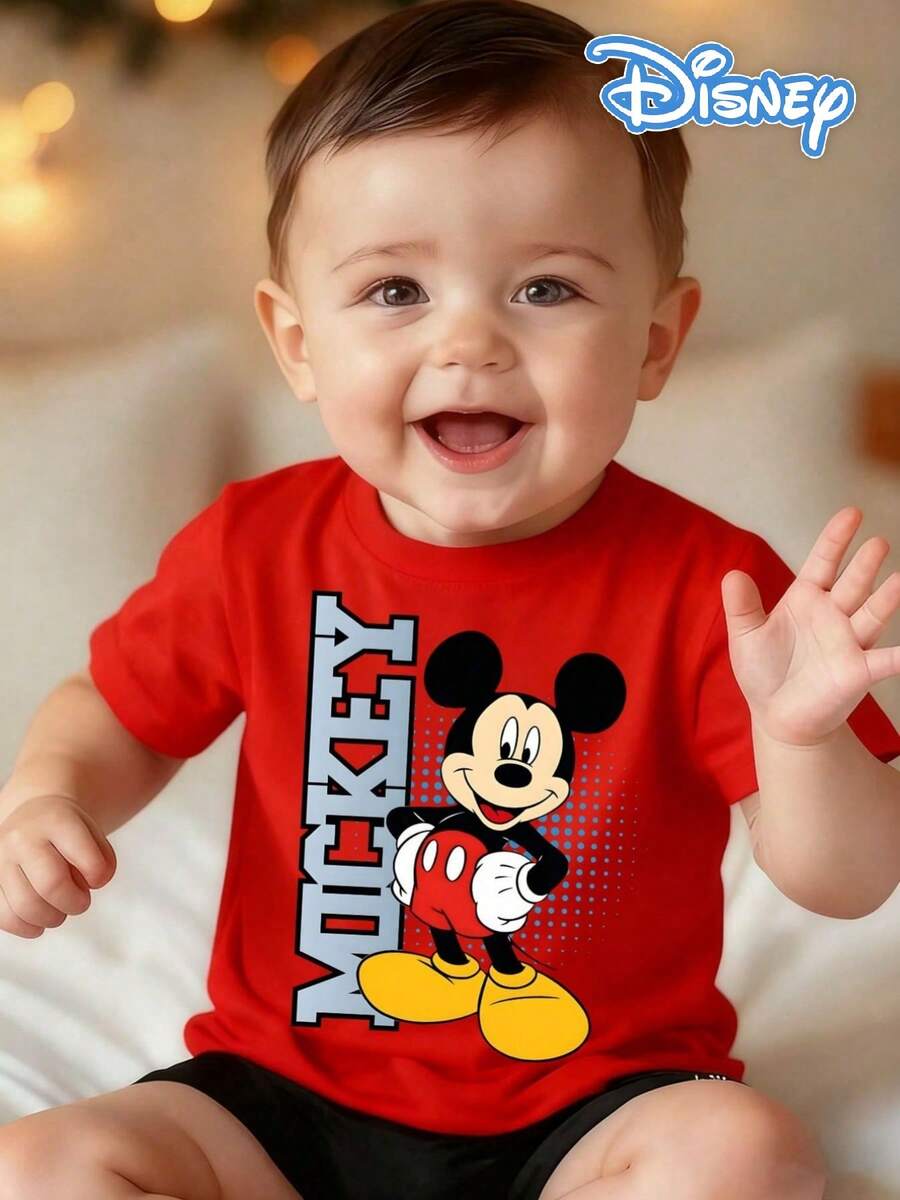 Disney Red Background Mickey Mouse Vertical Letter Polka Dot Background Print Baby Short Sleeve T-Shirt - Dynamic And Playful Casual Top - Đỏ - Xem 1