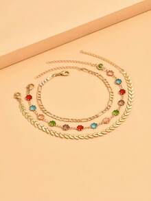 Set de 3 piezas de tobillera con cadena en forma de V y cristales, joyería de moda para pies con estilo bohemio para playa y vacaciones para niñas - Multicolor - Ver 2