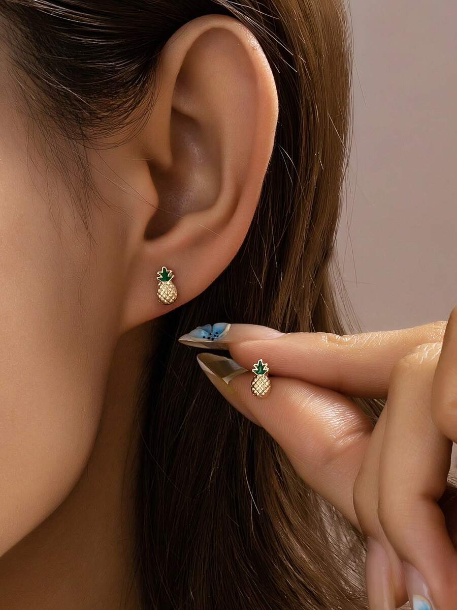 1 Pair Tiny Pineapple Stud Earring For Women, Summer Fruit Theme Earrings Jewelry For Daily Wear And Vacation Outfits - Summer Pineapple Earrings - View 1
