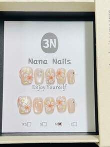1package/10pcs-Romantic 3D Floral Nude Wearable Nails With Glitter & Rhinestones - Baby Pink - View 9