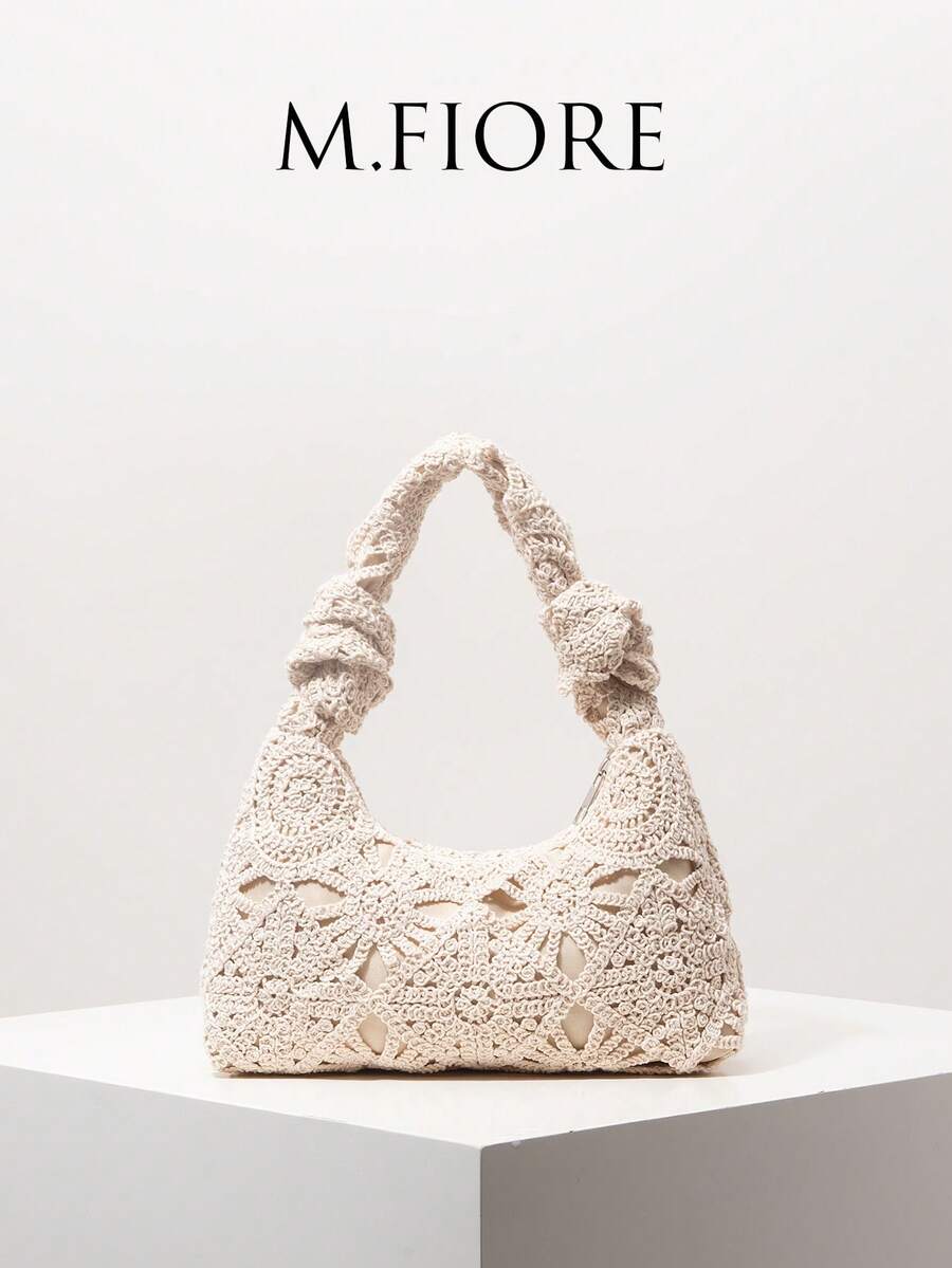 Floral Bohemian Style Summer Beach Bag, Essential For Travel And Cruise, Women's Vacation Outfit, Crochet Set, Elegant Ladies Wallet, Gift For Women (Pattern Random) - Apricot - View 1