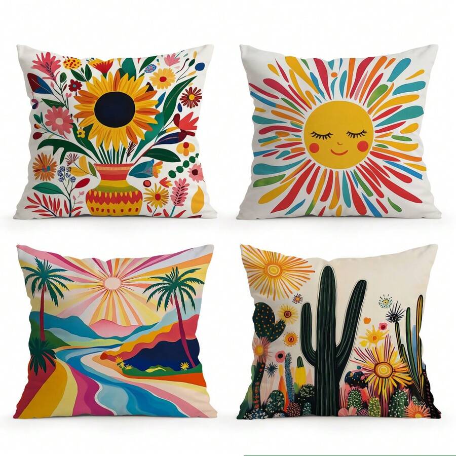 Bộ 4 vỏ gối nhung in hình hoa hướng dương và xương rồng, 100% polyester, trang trí phòng khách, sofa, phòng ngủ, kích thước 40x40cm/45x45cm/50x50cm, không kèm ruột gối.