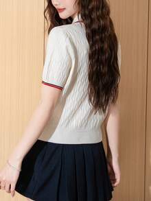 Alicedudu 女士夏季休闲简约撞色饰边刺绣短袖针织Polo衫 - 米色 - 查看 2