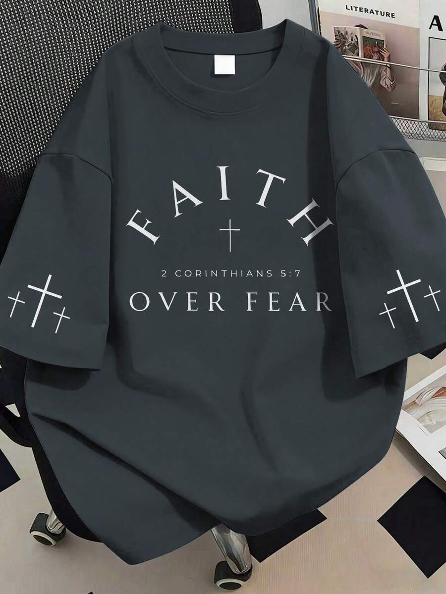 字母印花圓領女款大尺碼T恤上衣,適合夏季度假、母親節、情人節及日常休閒穿著 - 深灰色 - 查看 1