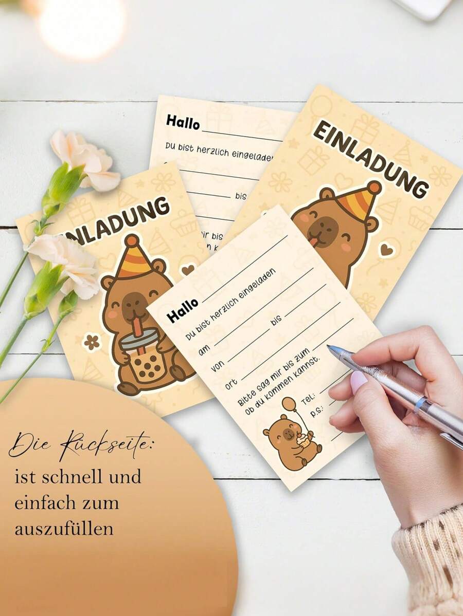 12pcs Cartoon Capybara Theme Birthday Party Invitations, Suitable For Children, Gender Reveal Baby Shower Games Supplies - Multicolor - View 1