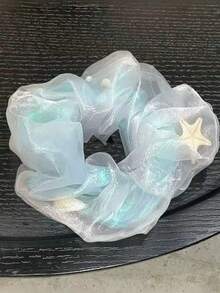 海洋星贝壳双层纱布细闪20厘米大号发圈，纤细款女士大号发圈，欧根纱纯色优雅高端发饰发圈，超仙气双面欧根纱马尾发圈，适合日常使用、节日、派对活动、度假旅行、海边，节日送给女孩的礼物，发饰发圈 - 藍色 - 查看 5