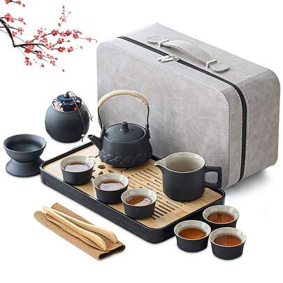 Kungfu Tea Set,Ceramic Asian Tea Sets For Adults,14-Piece With Portable Leather Gift Package,Porcelain Chinese Tea Set For Business,Home,Outdoor
