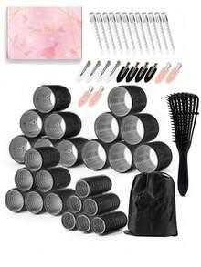 50pcs Self-Adhesive Hair Curling Roller & Clip Set With 24 Hair Curlers Self Grip Holding Rollers And 24Duckbill Clips Hair Rollers With Hair Roller Clips And 1pc Gift Box,1pccn Massage Comb Salon Hairdressing Curlers,DIY Hair Styles - Multicolor - View 14