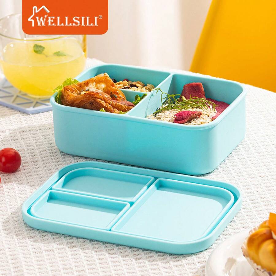Compartmentalized Silicone Lunch Box To Prevent Flavors From Mixing, Microwaveable Lunch Box, Portable Lunch Box, Outdoor Camping Picnic Box - 三格藍色-分隔鎖味 - 查看 1