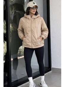 Women's Waterproof Windbreaker Jacket, Lined, Casual, Fabric, Zipper, Nightwear, Airport Travel, Autumn/Winter - 米色 - 查看 5