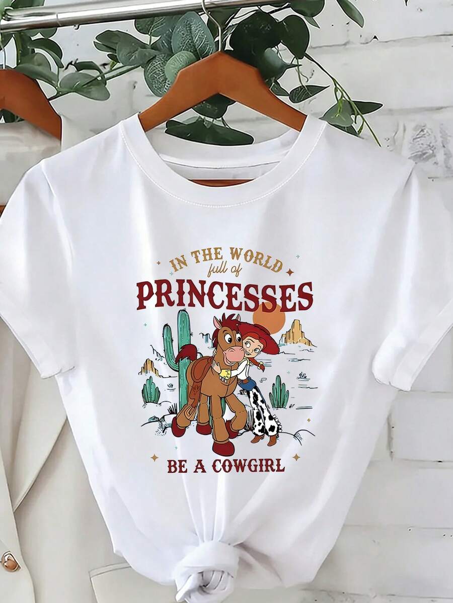 Disney Loose Fitting "Toy Story" Trish "Be A Cowgirl" Western Style Printed T-Shirt, Suitable For Summer And Spring, Short Sleeved Tops, Women's Clothing, Holiday Gift Party Clothing. - White - View 1