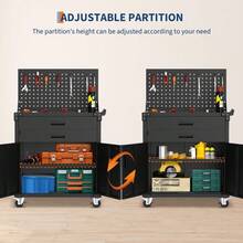 Armario de herramientas de acero resistente con ruedas, armario de almacenamiento con cerradura para garaje con 2 cajones, estante ajustable, tablero perforado y 4 ruedas, banco de trabajo con carrito - Negro - Ver 6