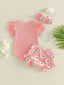 Baby Girls Shorts Set, Short Sleeve Letters Print Romper with Floral Shorts Hairband Summer Outfit - Rosa - Ver 2