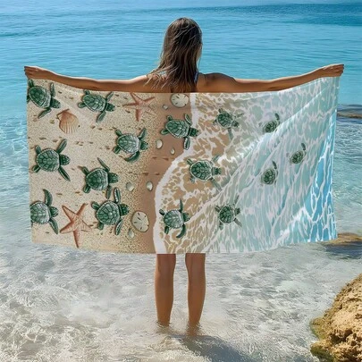 1条海龟图案印花沙滩巾/浴巾，单面印花，速干超细纤维沙滩巾，防晒披肩毯，瑜伽垫，便携式假日沙滩泳池运动毛巾，柔软礼品毛巾，轻便浴室沙滩巾