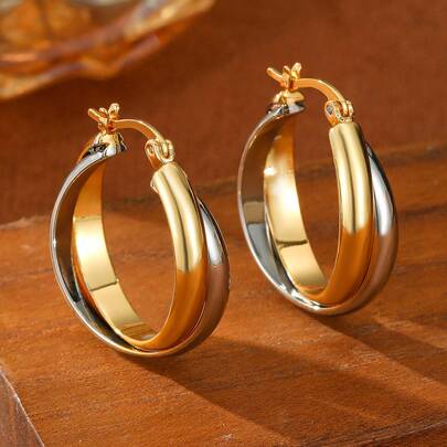 1 Pair Multi-Layer C-Shaped Earrings, French Minimalist Gold & Silver Intersecting Geometric Hoop Earrings, Elegant Earrings For Women, Suitable For Weddings, Parties, Vacations, Ramadan, Anniversary, Mother's Day, Valentine's Day, Christmas Gifts