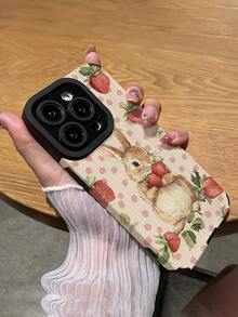 1pc Easter Limited Edition Hand-Painted Strawberry Bunny Polka Dot & Vertical Stripe Elegant Faux Leather Shockproof Anti-Fingerprint Phone Case, Suitable As Birthday/Holiday Gift For Friends, Family, Couples, Compatible With Apple And Other Models - Multicolor - View 5