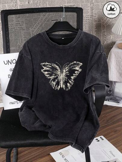 Es Trus Cotton, Summer Women's Fun Printed Hip-Hop "Minimalist Butterfly" Personalized Pattern Printed Street , Korean Style Comfortable Retro Basic Fashionable Commuting Versatile Y2k Clothing Women's Clothing, Suitable For Outdoor Leisure, Regular Niche Punk Style Black Loose Fitting Round Neck Short Sleeved Plus Size Washed T-Shirt