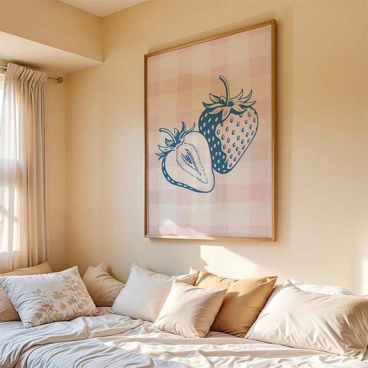 1幅复古草莓印花，蓝粉色海岸风装饰帆布墙画，时髦女孩艺术，励志语录艺术，家居装饰，帆布挂画 - 1PC - 查看 6