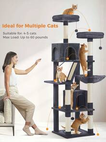 PAWZ Road 70.9" Flower Cat Tree, Tall Cat Tree For Indoor Cats, Large Cat Tree For Large Cats, Multi-Level Tall Cat Tower With 6 Scratching Posts, 2 Cat Condos, 2 Perches, Large Hammock, Pompoms, Deep Grey - Màu xám đen - Xem 2