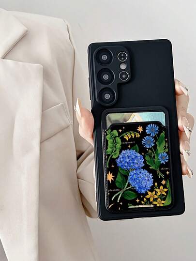 Plant 1pc Black TPU Solid Color Shockproof Phone Case & 1pc Black Botanical Art Pattern Sticker Card Holder 2-In-1 Fashionable Versatile Creative Full Coverage Phone Case, Suitable As Birthday/Holiday/Anniversary Gift For Girlfriend/Boyfriend, Best Friend, Spouse, Partner, Family, Boss, Coworker, Student, Teacher, Protects Against Dust And Water, Compatible With Matching Phone Model