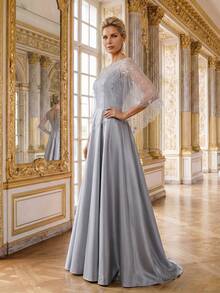 Women's Elegant Lace Shawl Formal Dress - Grey - View 7