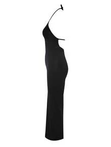 LovelyWholesale Women's Sexy Elegant Spaghetti Strap Backless Solid Color Slim Fit Dress, Summer Party Black - Black - View 8