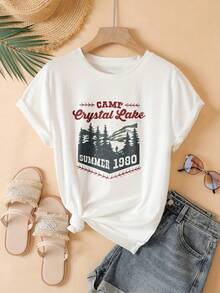 Women's Oversized Crew Neck Graphic Cotton T Shirt Black White Options,  Camp Crystal Lake Summer 1980 Casual Wear, Spring Short Sleeve Loose Fit Tops, Summer Fashion Basic Tees, Clothes Gift For Womens - 白色 - 查看 1