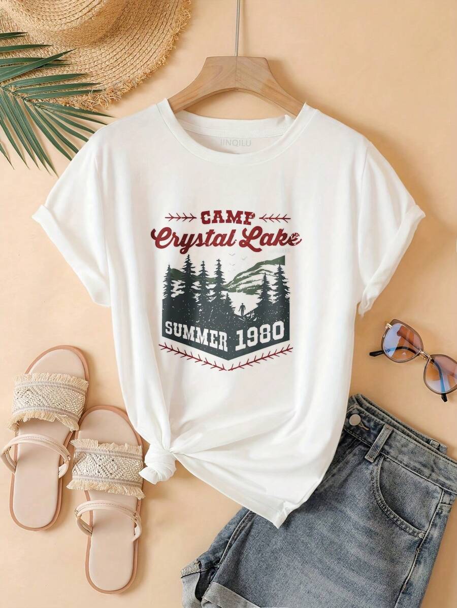Women's Oversized Crew Neck Graphic Cotton T Shirt Black White Options,  Camp Crystal Lake Summer 1980 Casual Wear, Spring Short Sleeve Loose Fit Tops, Summer Fashion Basic Tees, Clothes Gift For Womens - 白色 - 查看 1