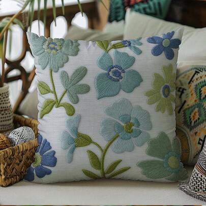 Printed Floral Pattern Throw Pillow Cover, Farmhouse Style Decorative Cushion For Sofa, Bed, Office Lumbar Support