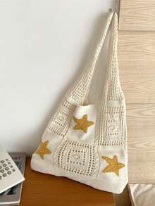 Large Capacity One Shoulder Beach Bag, Starfish Hollow Woven Pattern, Casual Tote Bag For Beach Holiday - A - View 5