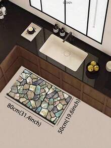 1pc Silica Gel Kitchen Mat, Asymmetrical Beige, Gray, Mint Green Pebble Pattern Design, Natural Rustic Style, Surface Fabric, Middle Sponge Absorbent, Bottom Rubber Non-Slip, Easy To Clean Kitchen Rug - Multicolor - View 7